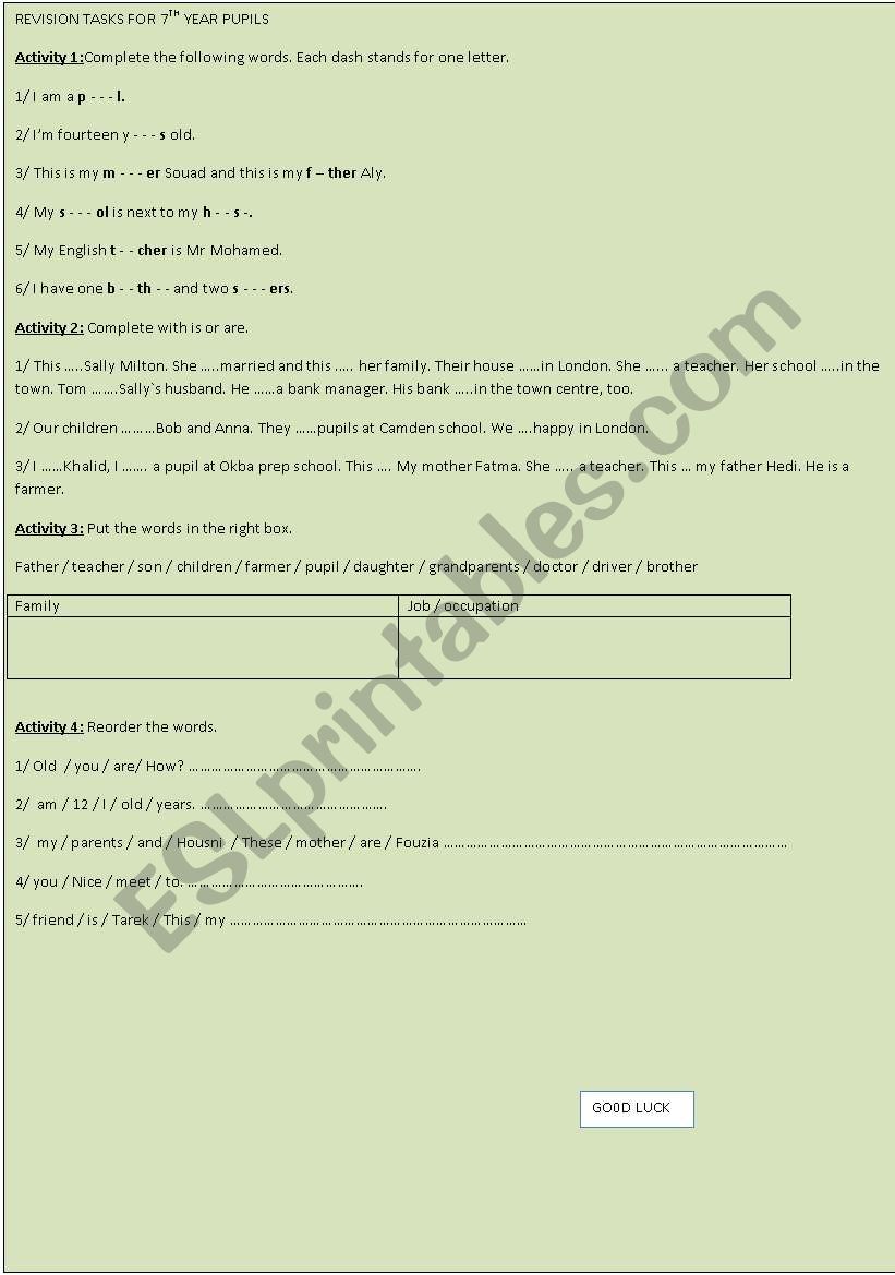 elementary activities worksheet