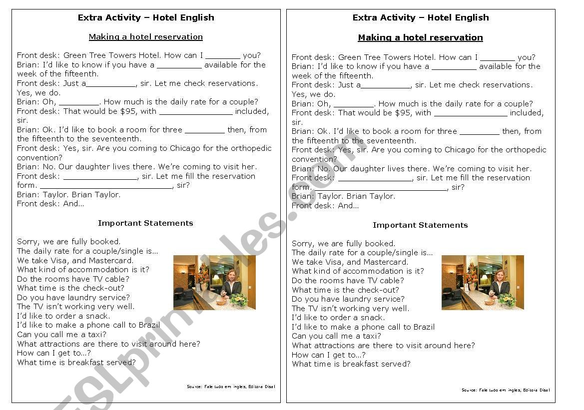 Making a hotel reservation worksheet