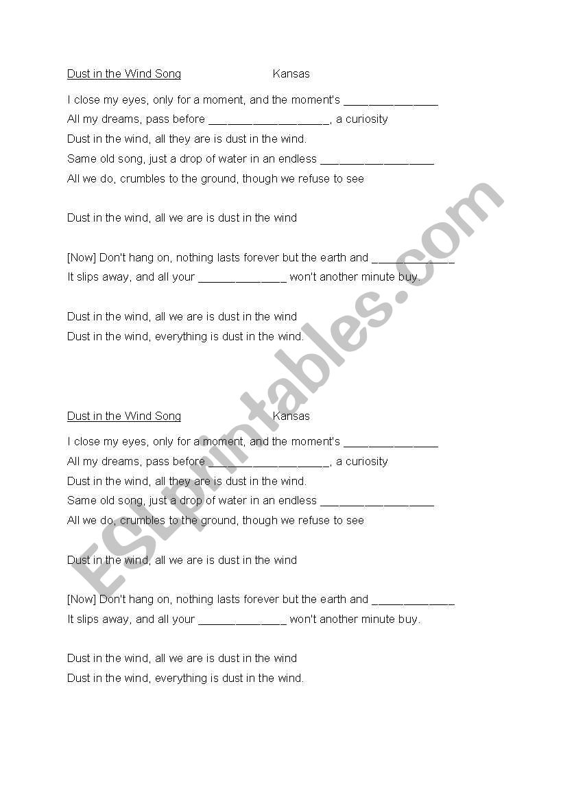 Dustb in the wind song worksheet