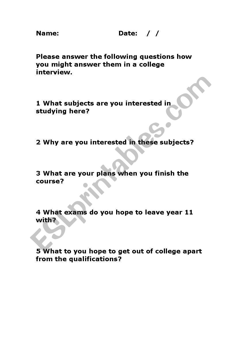 College Application worksheet