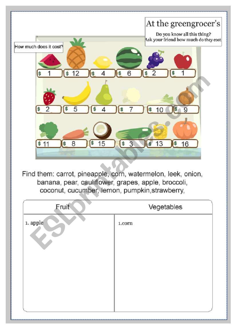 At the greengrocers worksheet