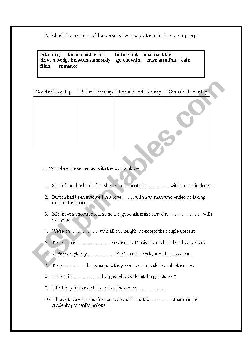 Relationships worksheet