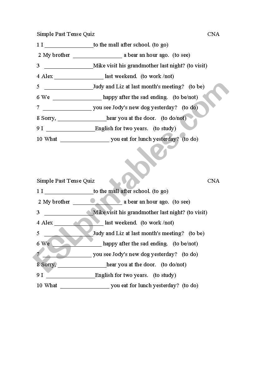 simple past quiz worksheet