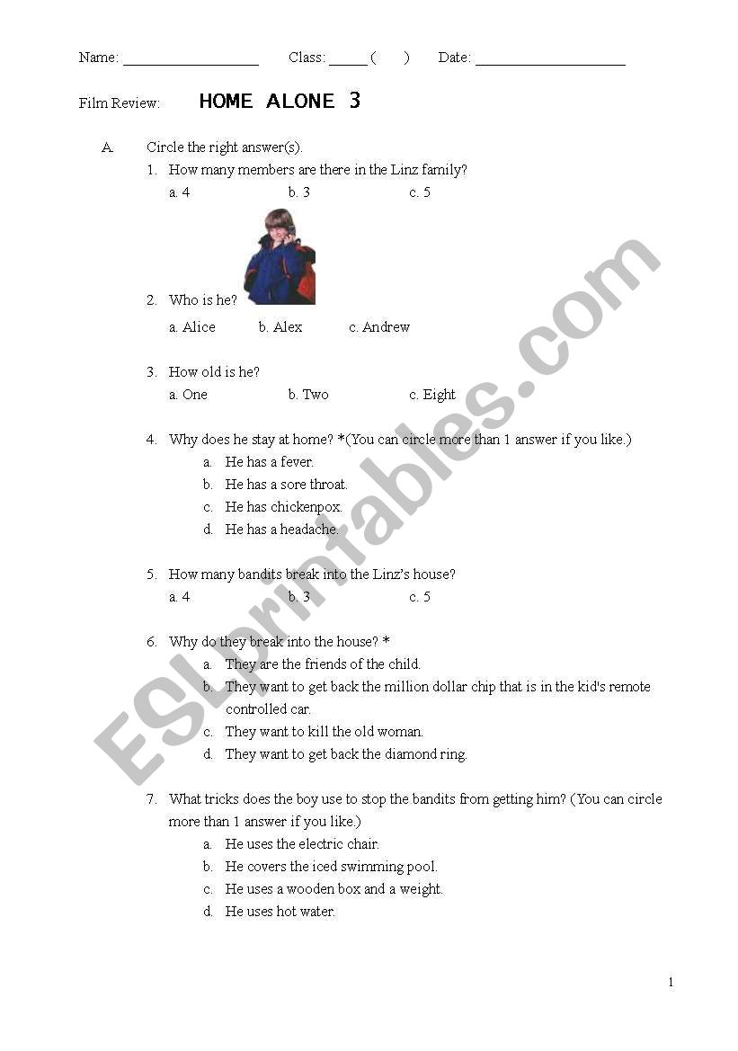 English Worksheets Home Alone 3