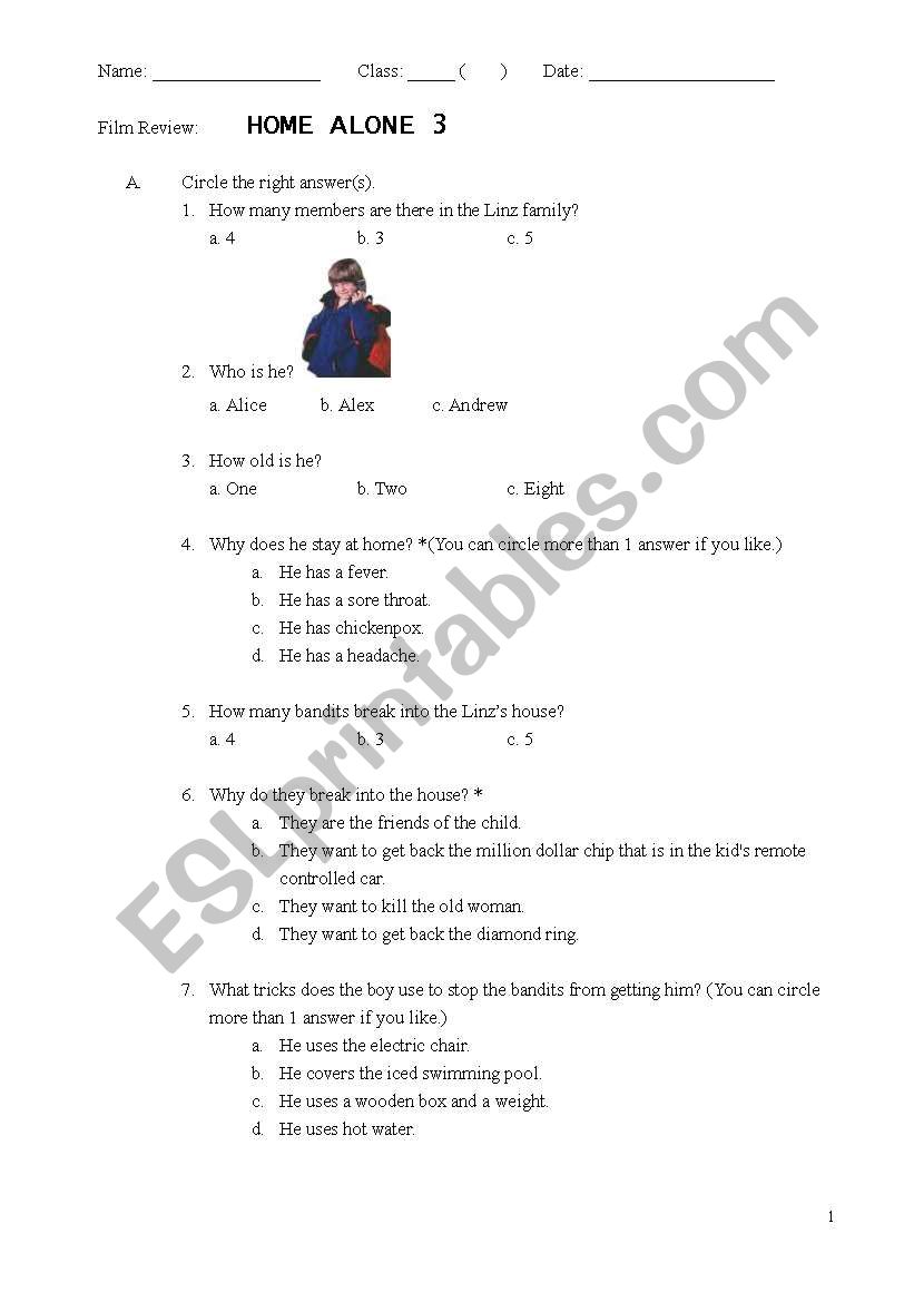 Home Alone 3 worksheet