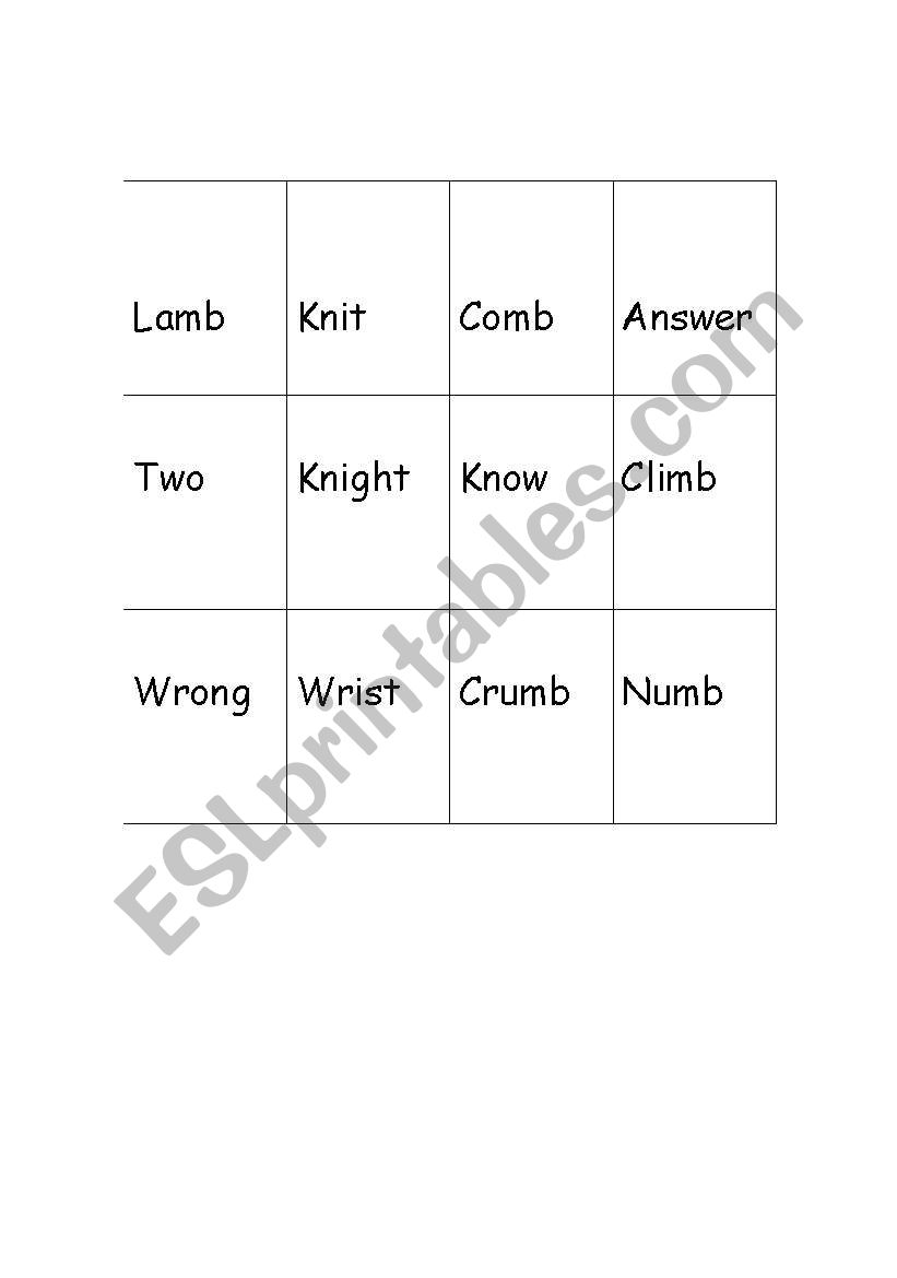 silent letter bingo worksheet