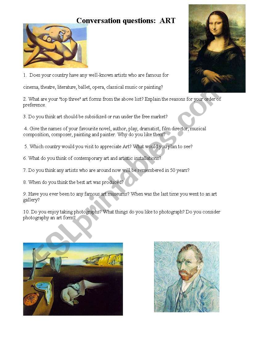 Conversation questions on Art worksheet