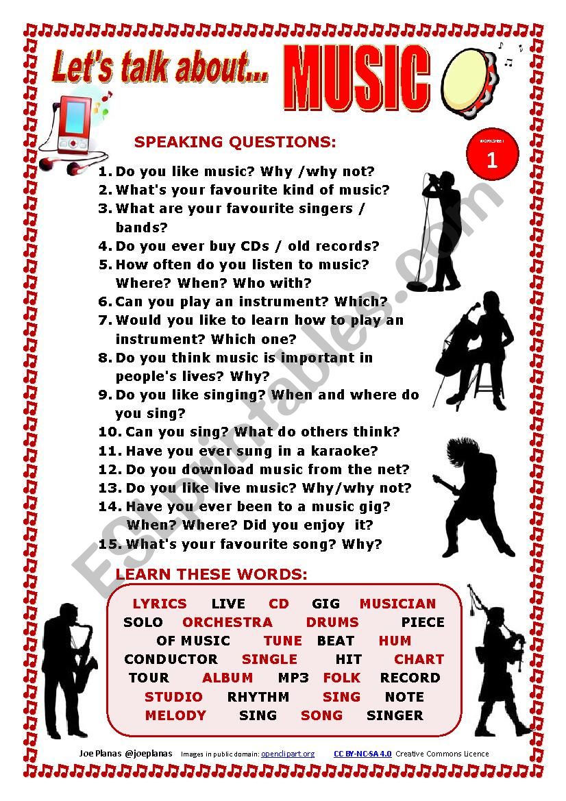 LET´S TALK ABOUT MUSIC (SPEAKING SERIES 1) ESL worksheet by joebcn
