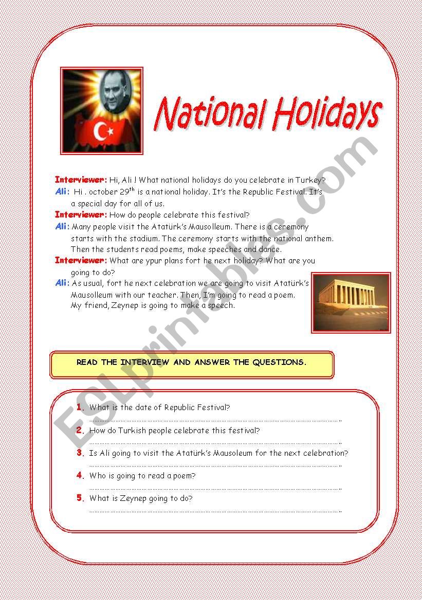 National Holidays worksheet