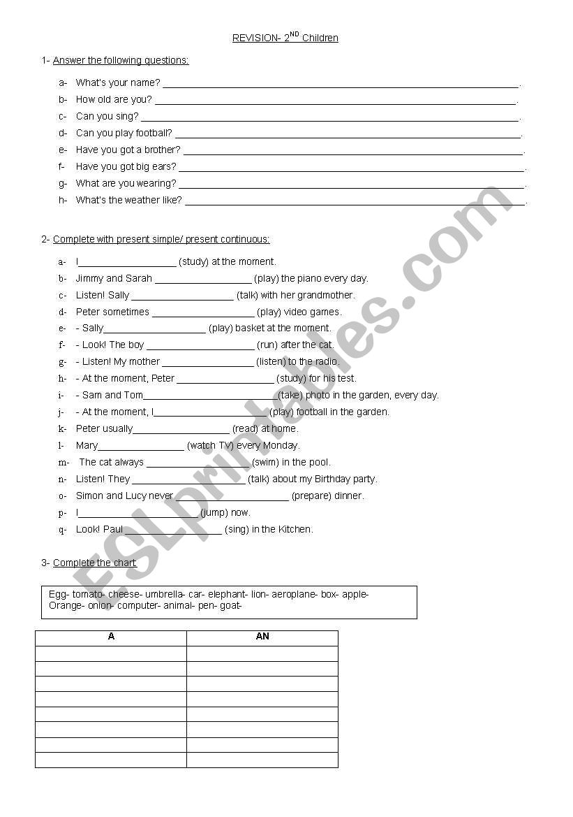 revision 2nd children worksheet