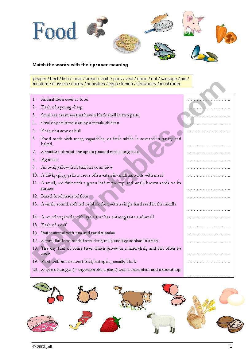 Food - reverse dictionary worksheet