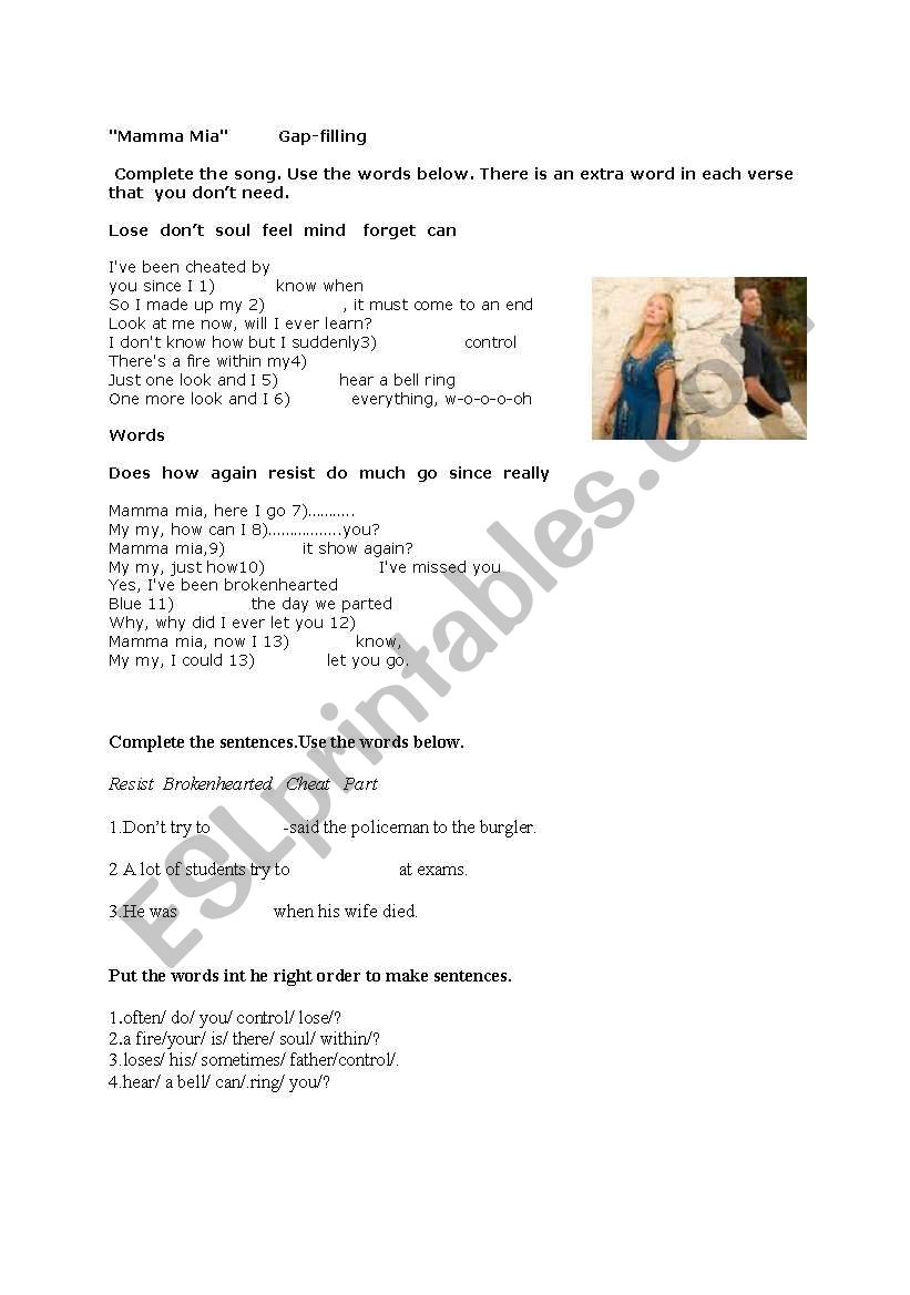 Mamma Mia song  worksheet