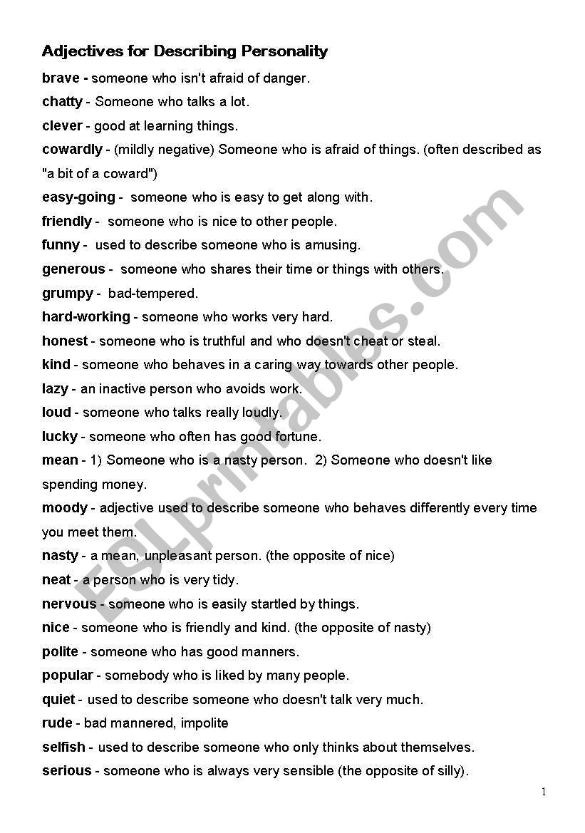 Adjectives Describing Character