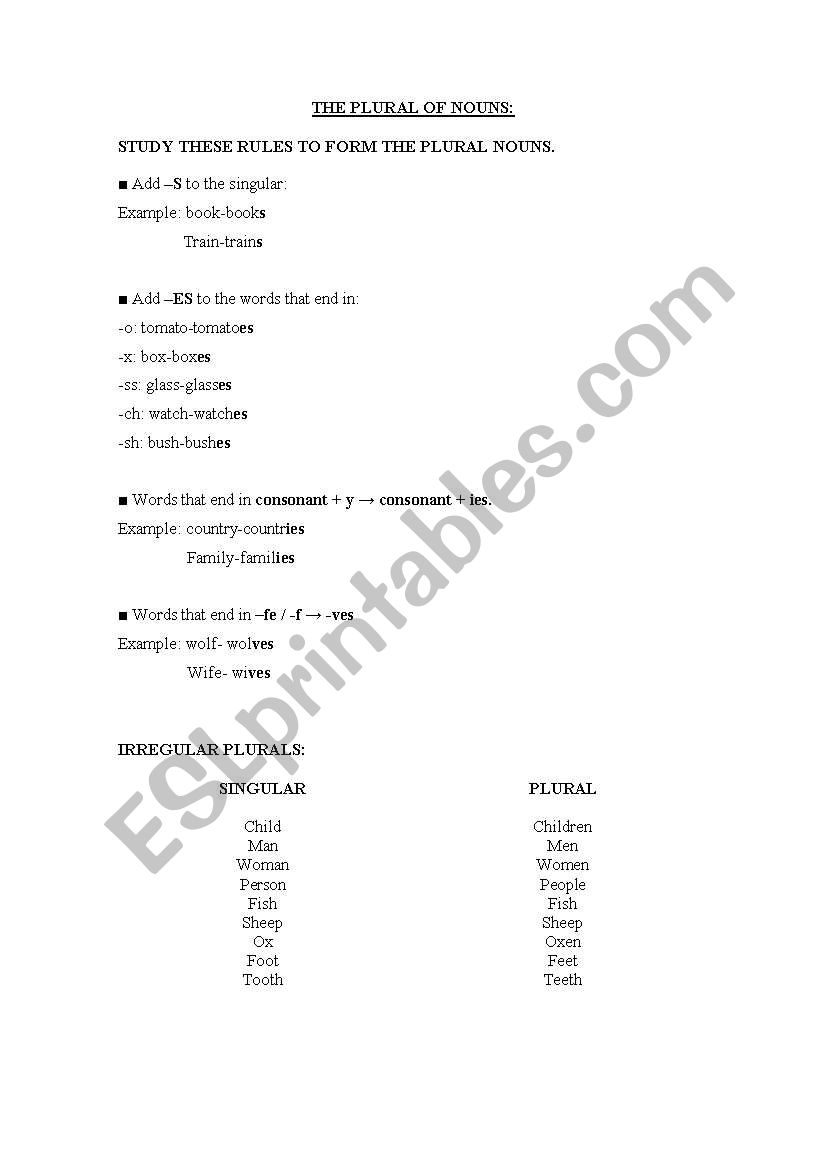 The plural of nouns worksheet