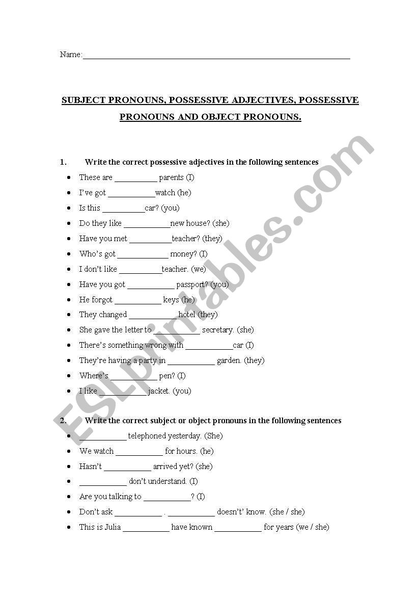 Subject pronouns, possessive adjectives, possessive pronouns and object pronouns