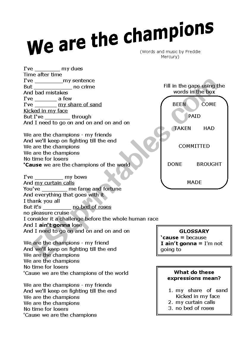 We are the champions worksheet