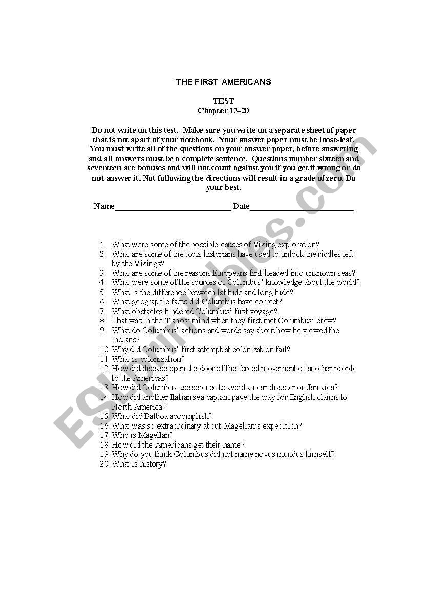 The First Americans Test - History of US series, chapters 13-20