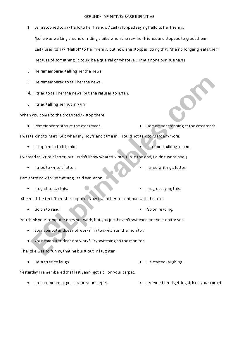 Gerund and Infinitive worksheet