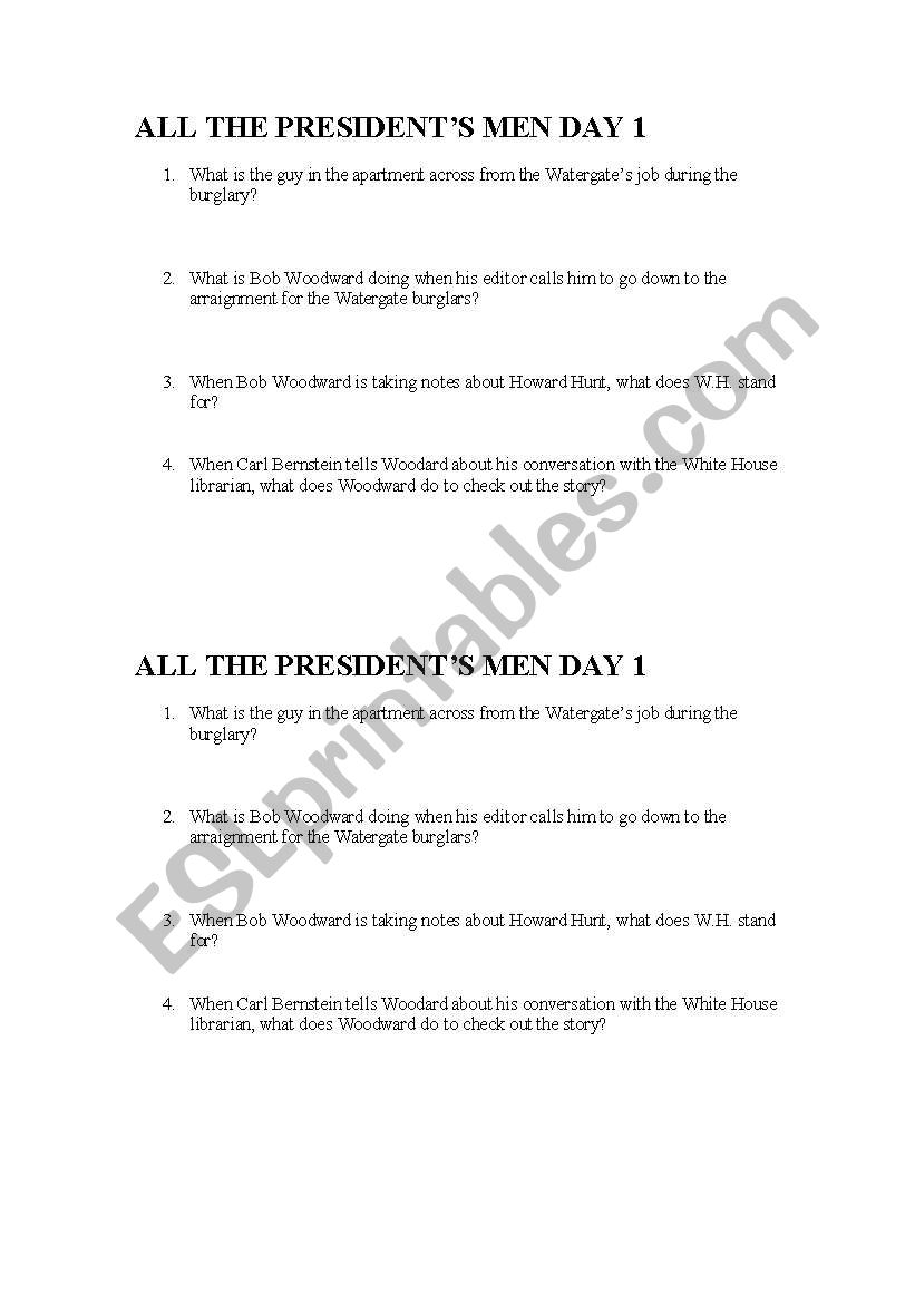 All The Presidents Men Movie Questions - Day 1