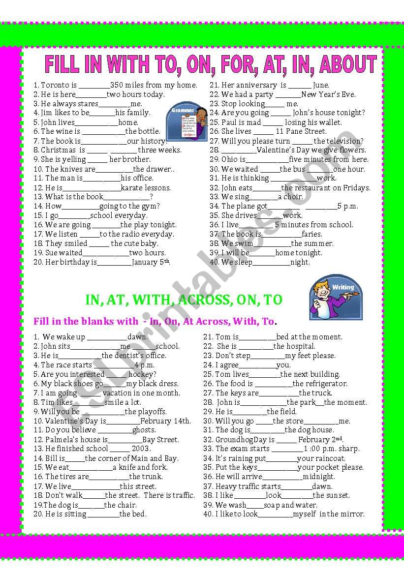 PREPOSITIONS, WITH, ABOUT, FOR, AT, IN, ON, AND TO 