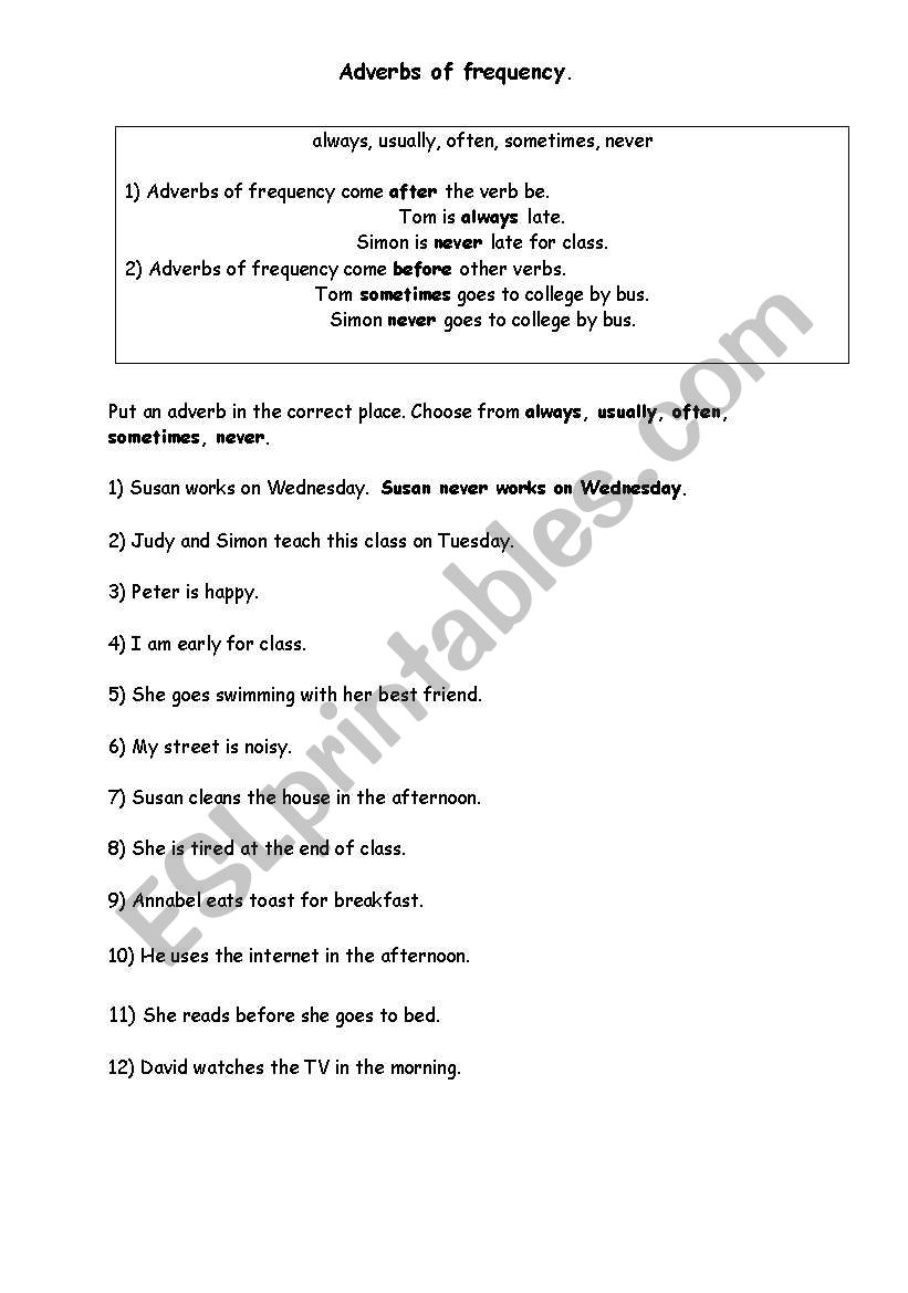 Adverbs of Frequency worksheet