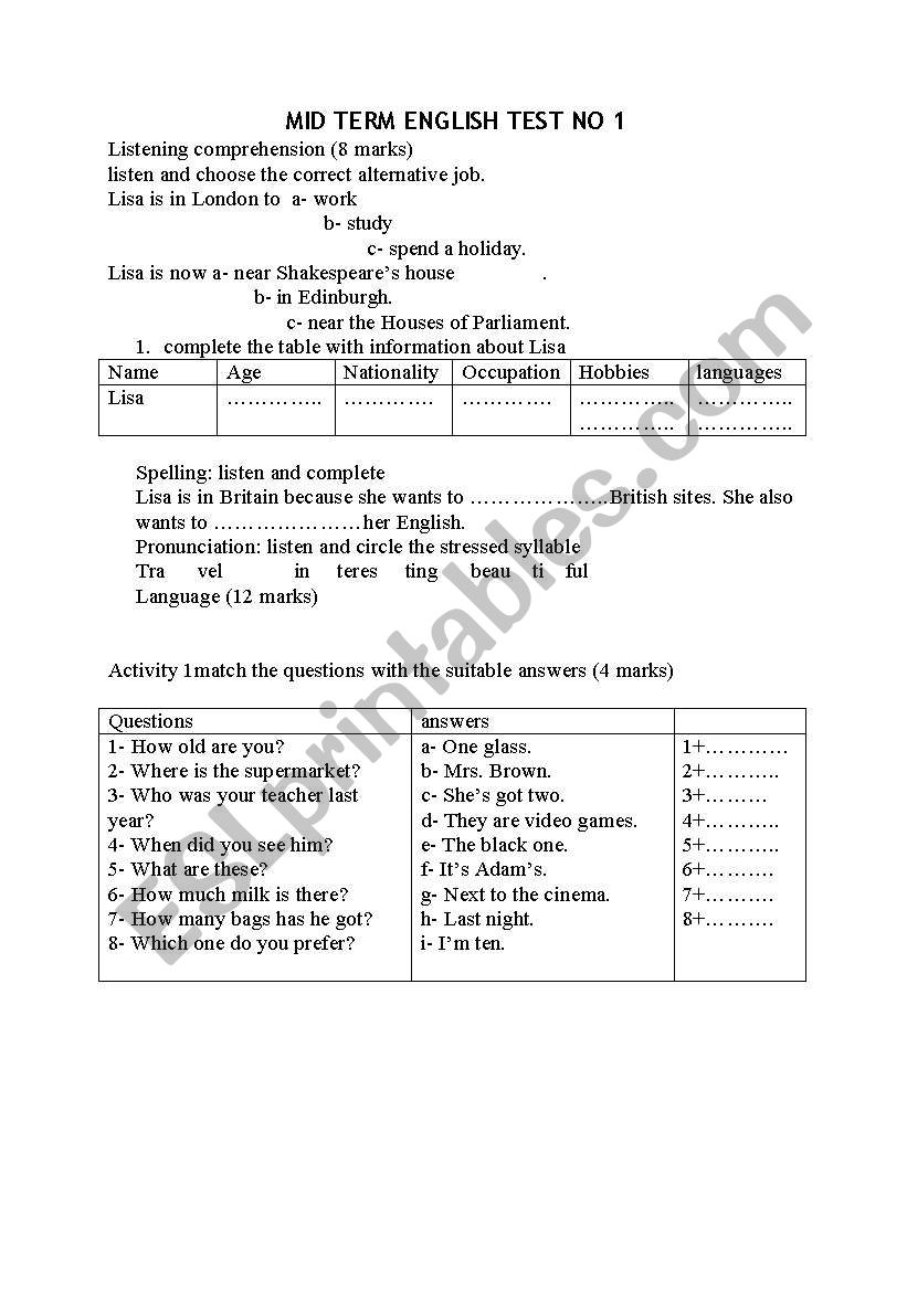 mid term test 7th form worksheet