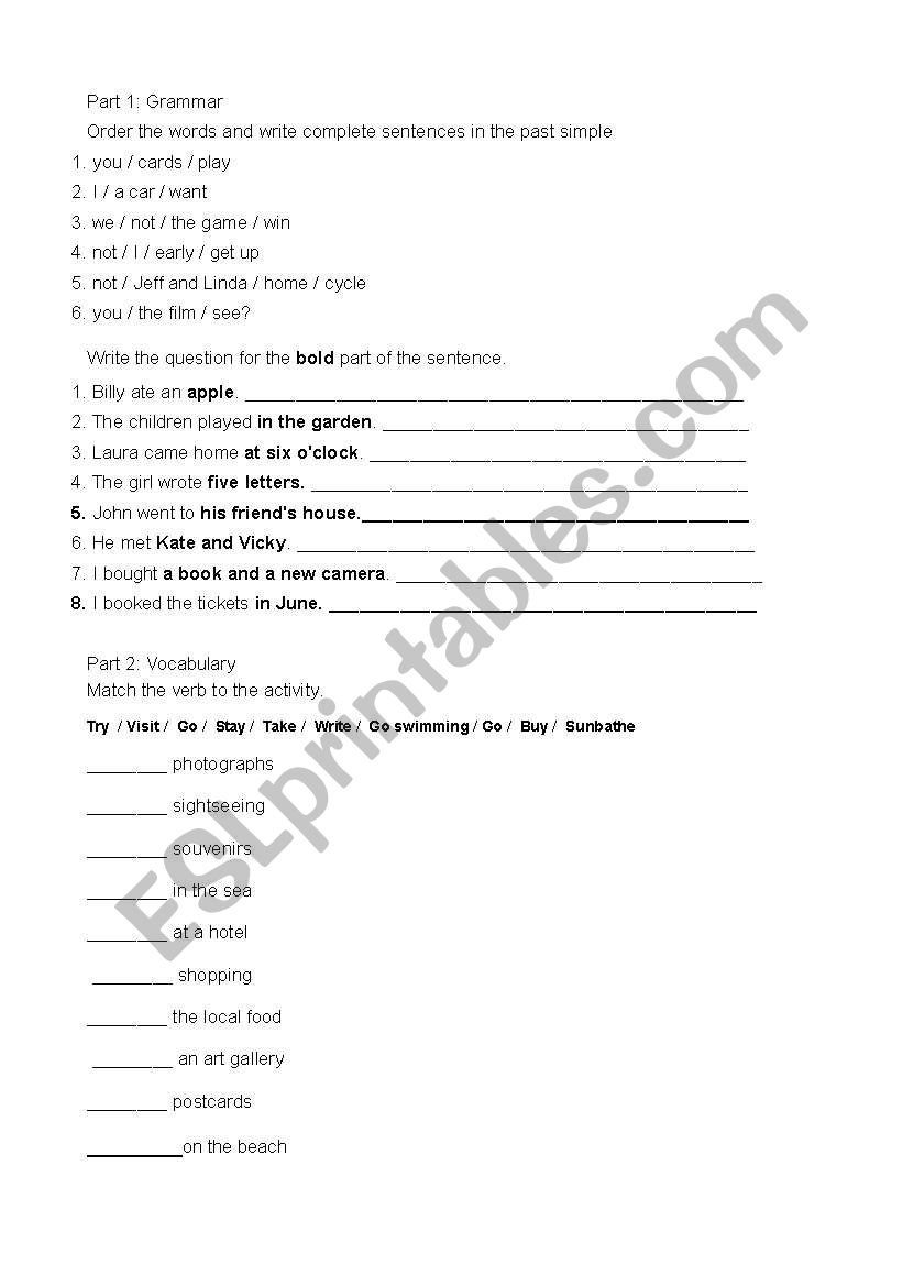 Past simple test worksheet