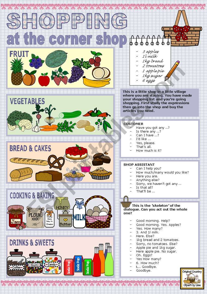 SHOPPING AT THE CORNER SHOP worksheet