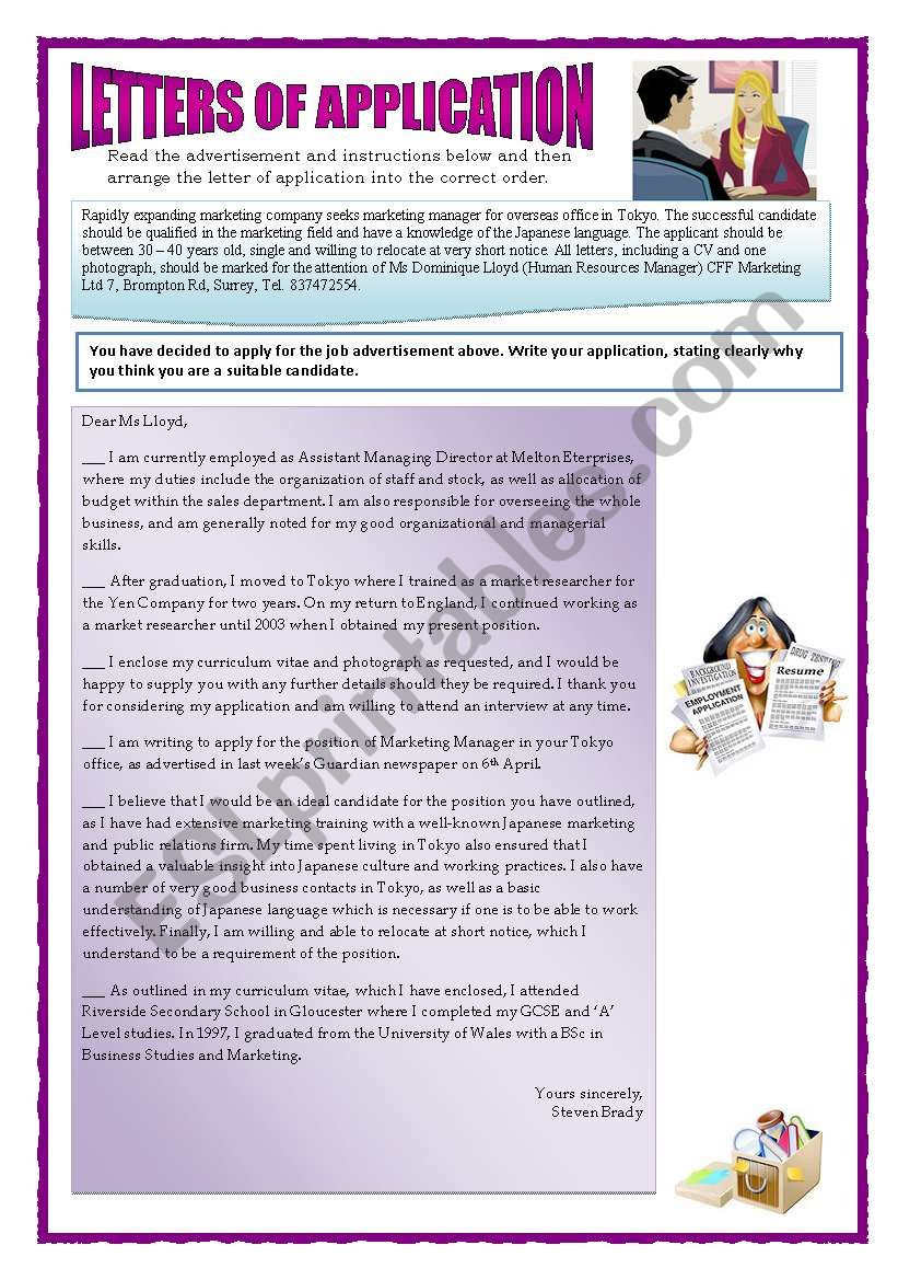 letter of application worksheet