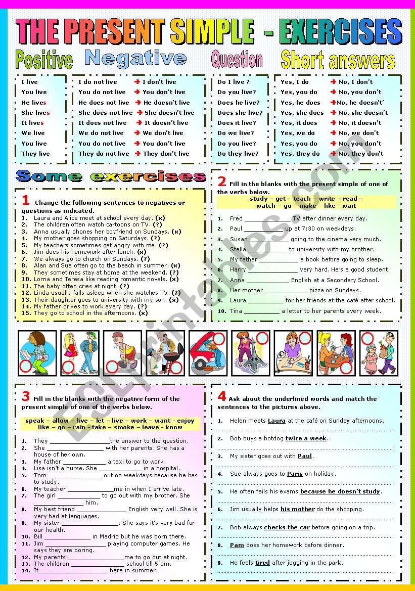 THE PRESENT SIMPLE TENSE- EXERCISES (B&W VERSION INCLUDED)