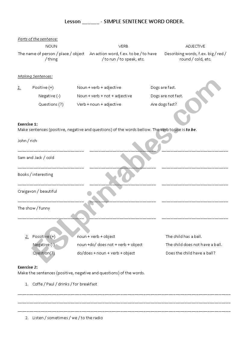 SIMPLE SENTENCE WORD ORDER worksheet