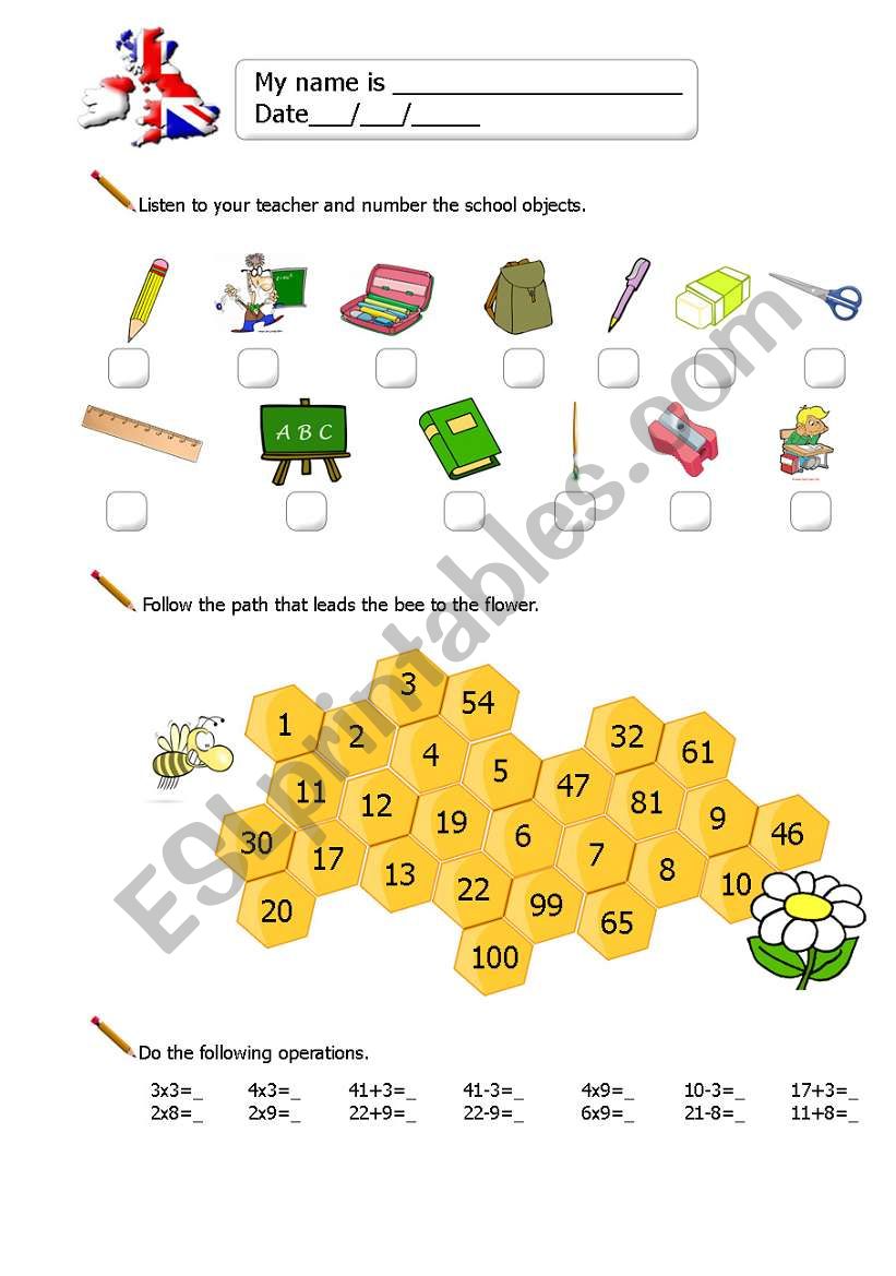 SchoolObjects and Numbers worksheet