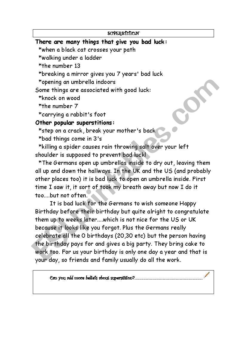 Superstition worksheet