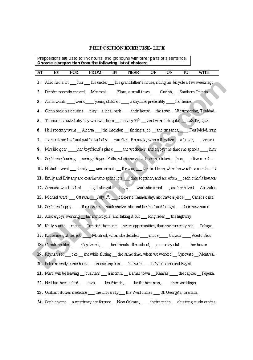 Prepositions- Life worksheet