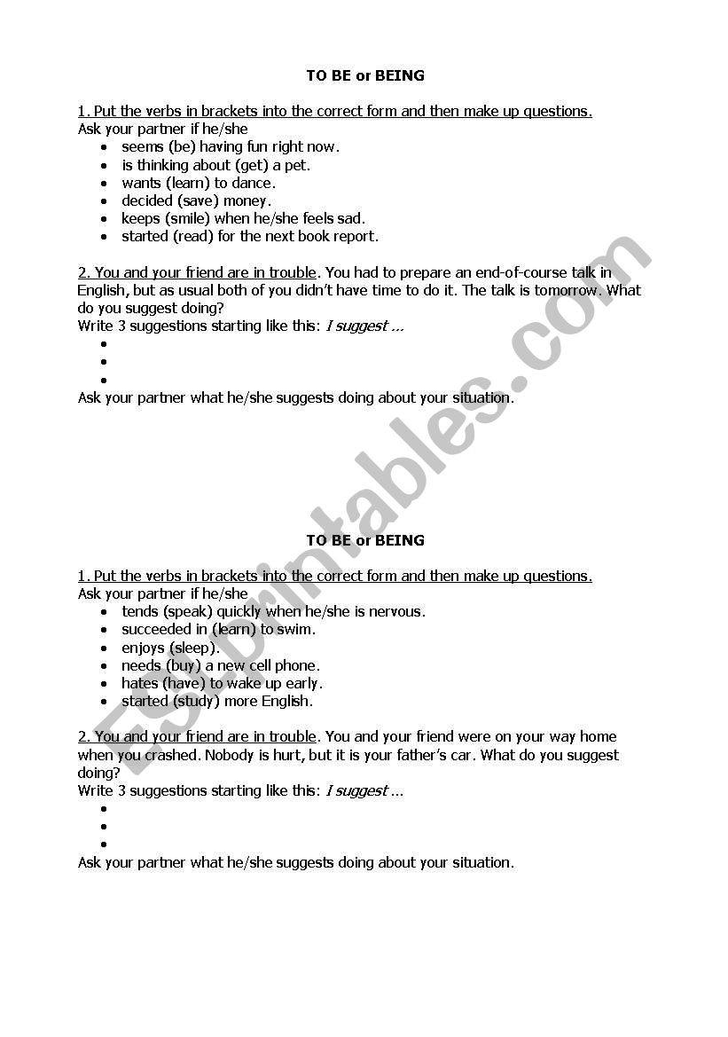 To infinitive VS  -ing worksheet