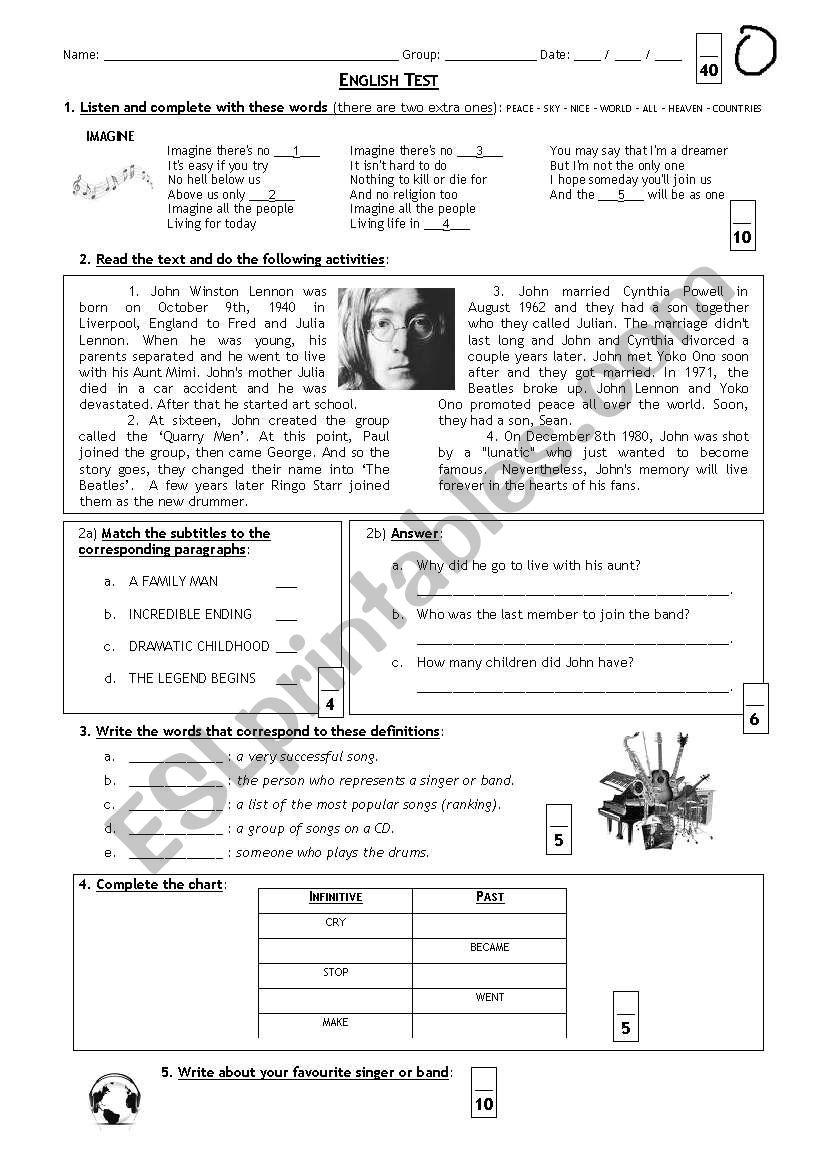 Test (John Lennon) worksheet