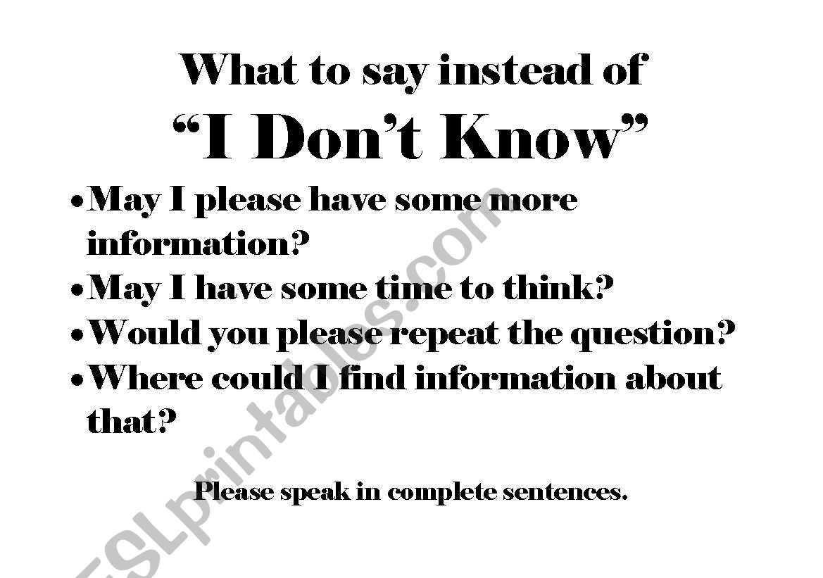 I Dont Know Poster worksheet