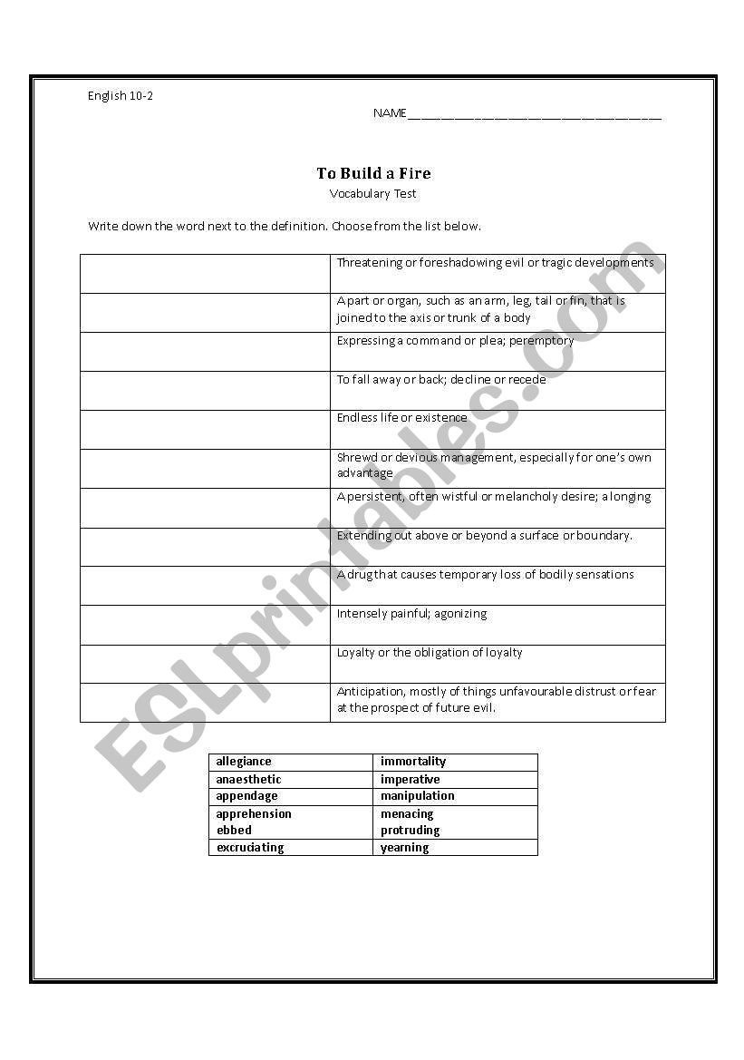 To Build a Fire - Vocabulary Quiz
