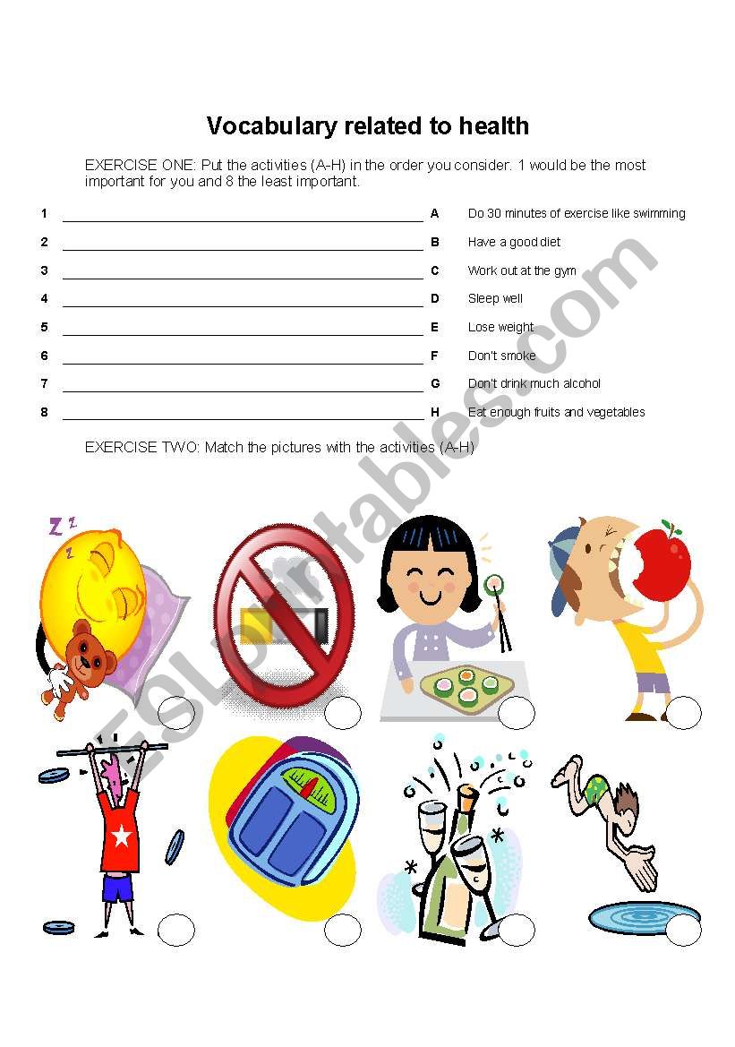 Vocabulary related to health worksheet