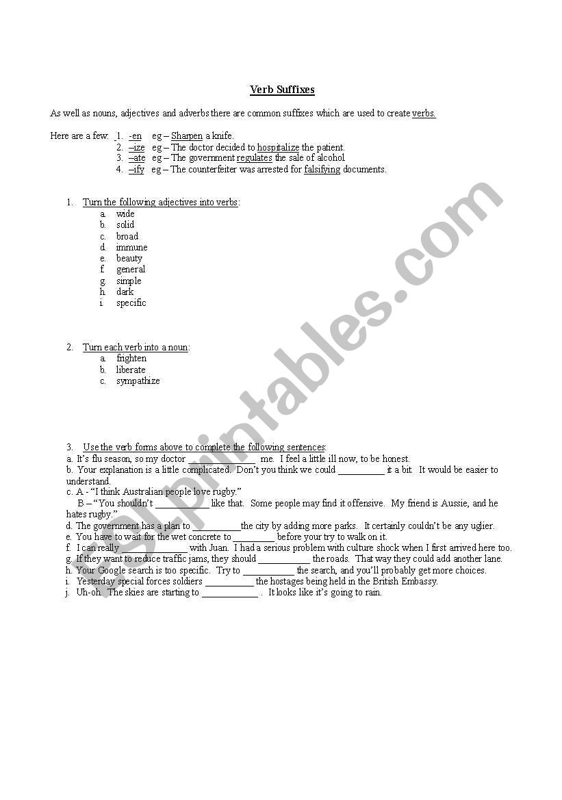 verb suffixes worksheet