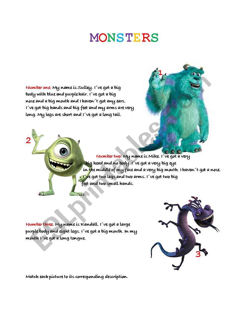 Monsters (body parts) worksheet