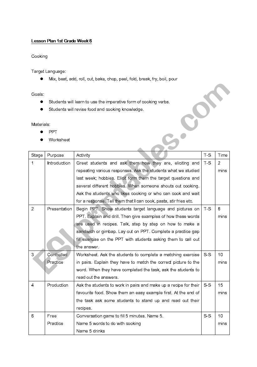 Cooking Imperative Verb Worksheet