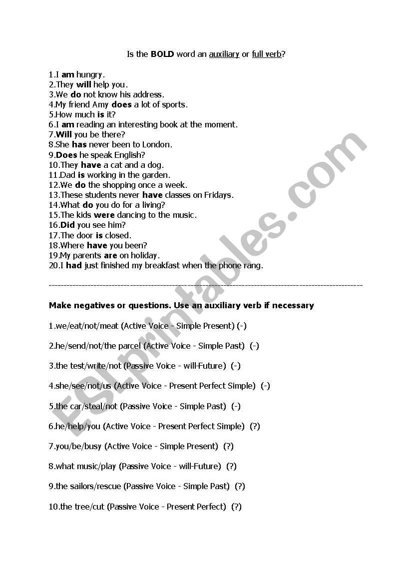 auxiliary verb exercise worksheet