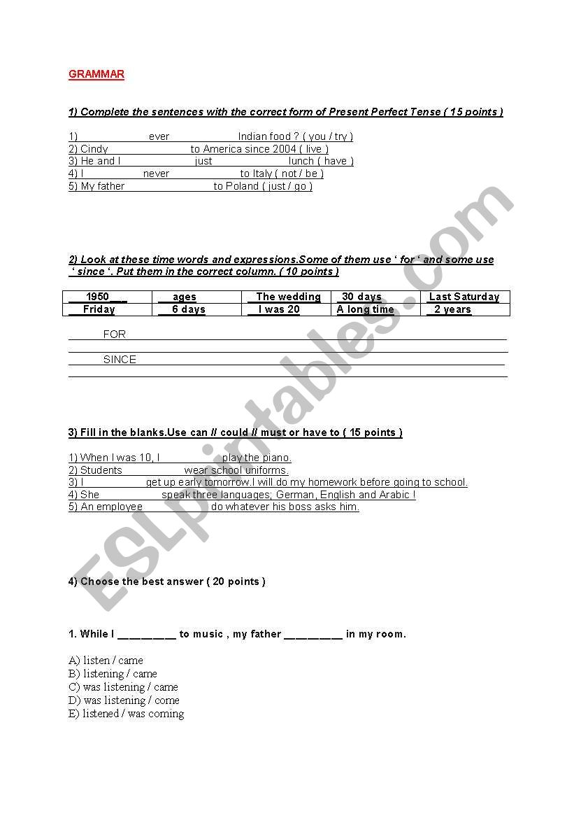 A Pop Quiz worksheet