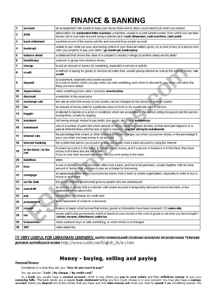 Finance and banking worksheet