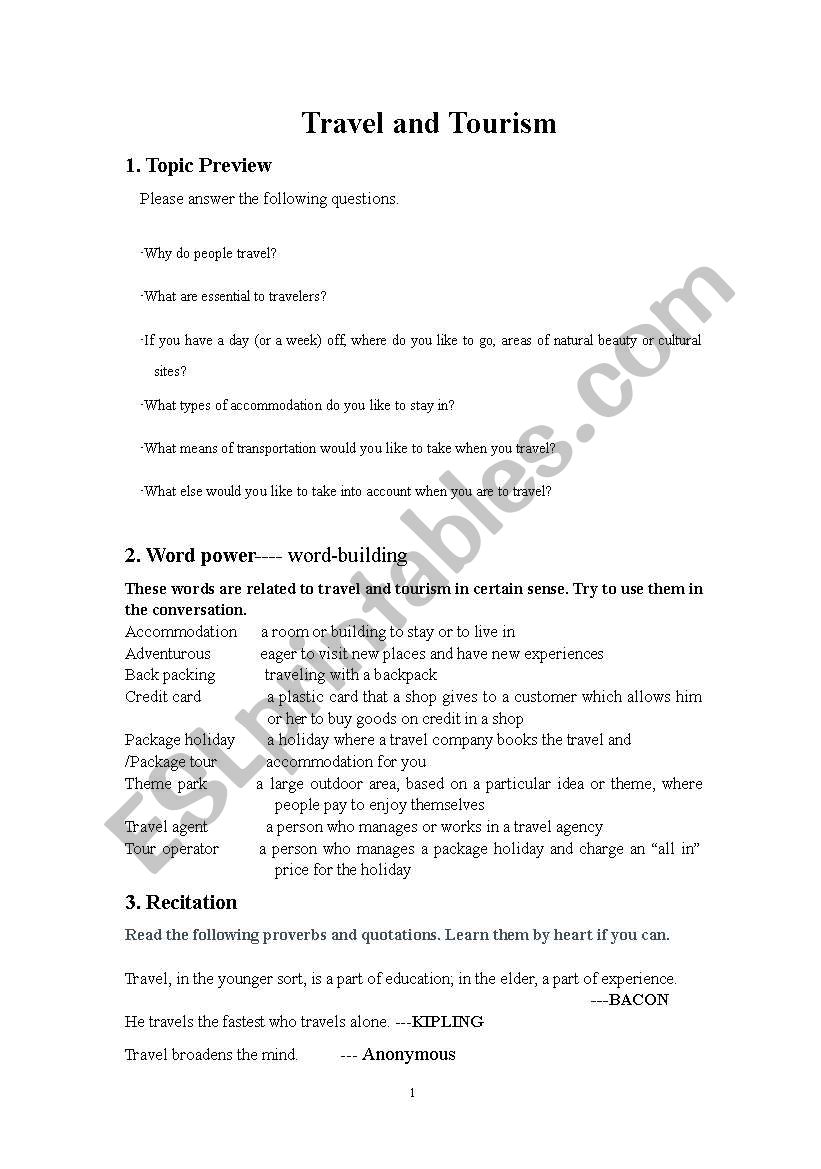 travel and tourism worksheet