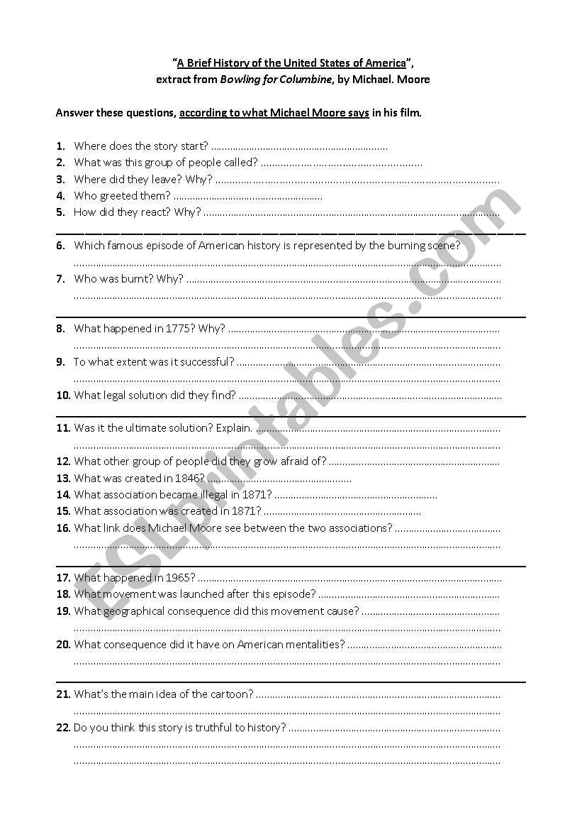 A brief history of the USA worksheet