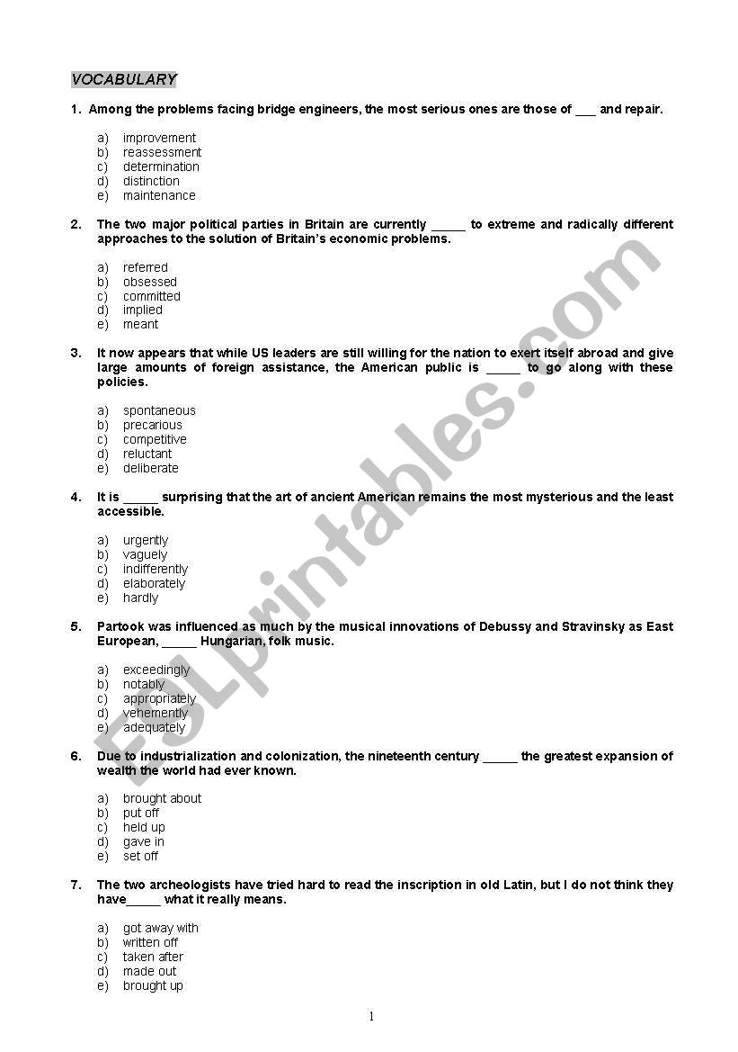 general vocabulary test worksheet