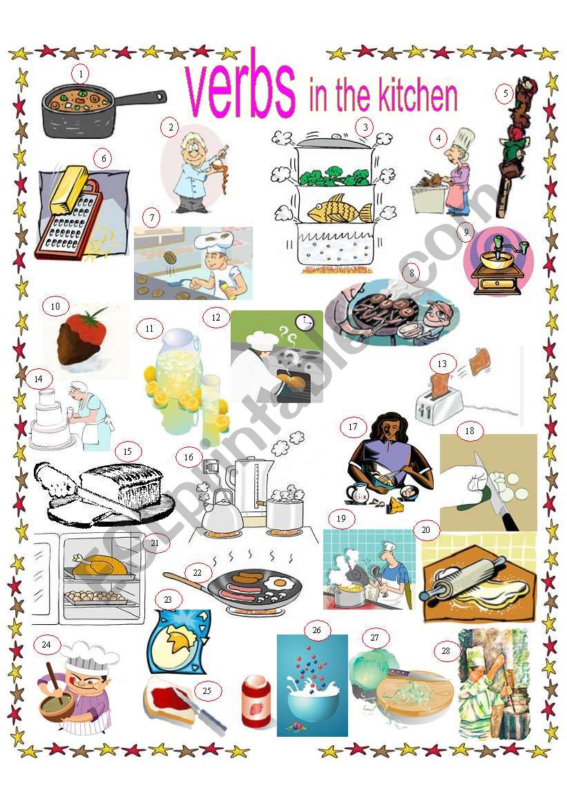 VERBS IN THE KITCHEN, EXERCISES AND KEYS INCLUDED