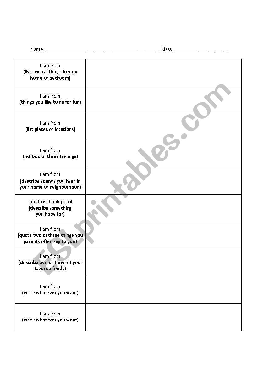 English Worksheets I Am From Poem Template